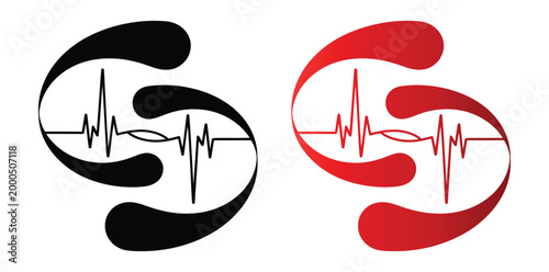 Vector logo designs with stylized letter s and heartbeat line in black and red colors on white background