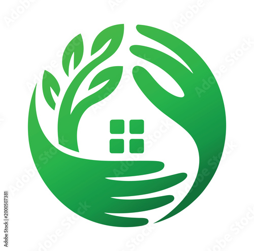Green hands holding a house with a tree growing out of it symbolizing ecofriendly living isolated on white background