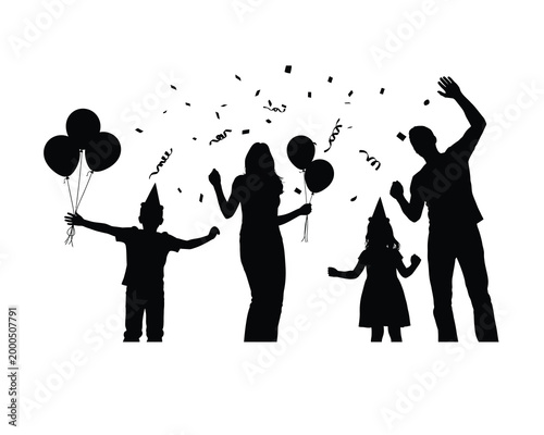 Family celebration silhouette joyful moments with balloons and confetti