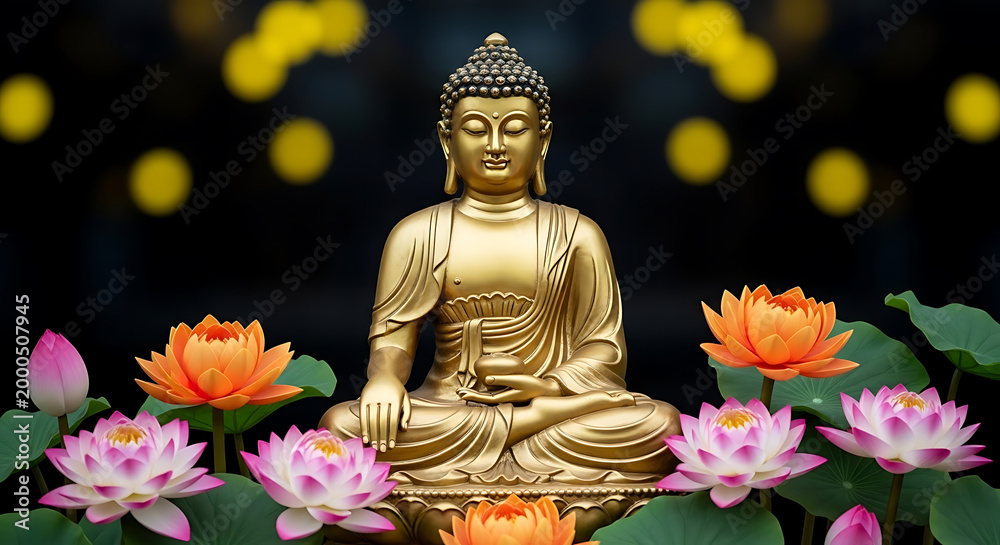 Fototapeta premium Golden Buddha Statue Surrounded by Lotus Flowers and Bokeh Lights