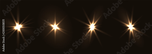 Golden fash light vector set on black background. Sparkle shining magic holiday starlight. Festive glow yellow flashing lights collection.