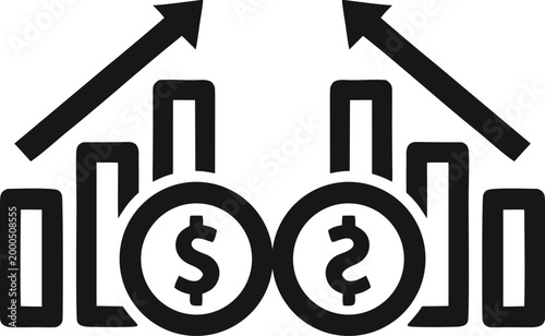 Money growth or revenue icon. Investment income, gain, profit, earning increase symbol. Financial chart, business success, stock progress sign. Growing arrow isolated illustration.
