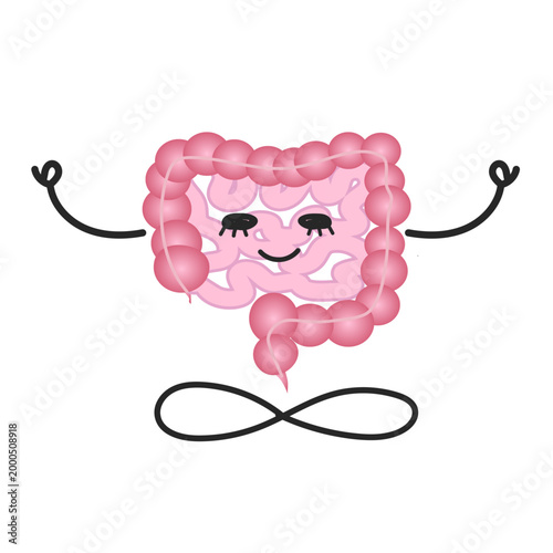 Happy healthy intestine character meditation yoga relax. Health gut organ sit in lotus, keep calm. Vector illustration