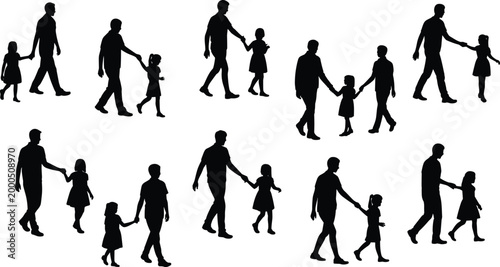 Adult child walking silhouettes, family bond poses, companionship motion, flat vector illustration
