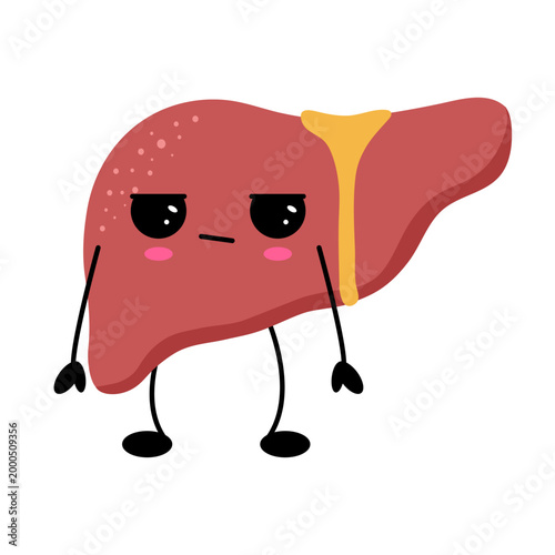 Liver with tired expression and small legs. Yellow bile duct visible on its side. Perfect for health, medical, or wellness-themed projects