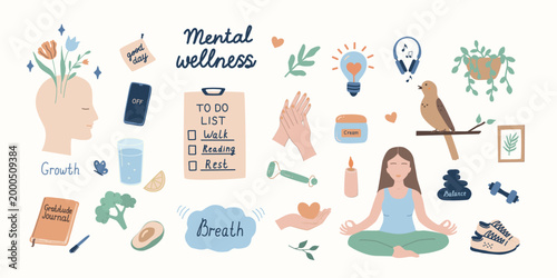 Mental wellness vector set with meditating woman, self-care, mindfulness, balance, healthy food, skincare, nature and sport icons. Flat pastel illustration collection for health lifestyle design