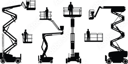 Aerial work platform silhouettes, boom and scissor lift flat vector illustration