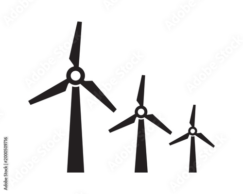 Three wind turbines in varying sizes a minimalist black and white illustration