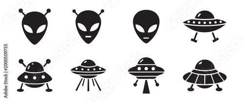 Black silhouette ufo and alien collection space exploration concepts