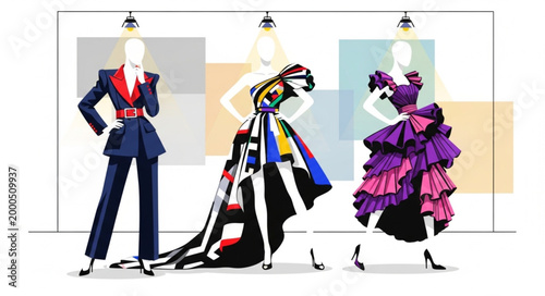 Fashionable dresses and suit on mannequins.