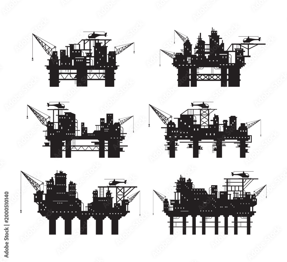 Obraz premium A set of offshore oil platform silhouettes of various designs. Concept of an industrial drilling rig for mineral extraction. Resource exploration and production.