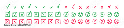 Check marks doodle with crayon texture. Checkbox, checklist, tick and cross signs, v and x in hand drawn style. Vector green and red sketch illustration.