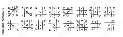 Hand drawn tic tac toe game, doodle X-O elements. Noughts and cross marks. Black vector illustration.