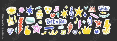 Punk rock doodle stickers with lightning crown, hand-drawn fire flames, and edgy rock music notes. Doodle funky vector illustration for collage or scrapbook projects.