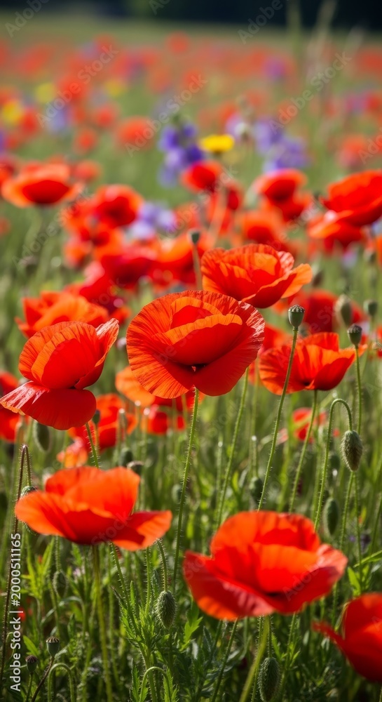 Obraz premium Vibrant Red Poppies Blooming in a Sunlit Field