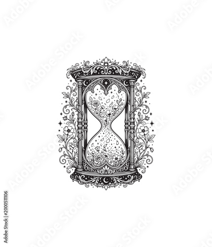Intricate Hourglass Illustration with Ornate Frame and Sand Timer Concept, Black and White Graphic Design View
