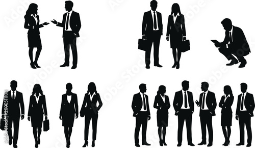 Business people silhouettes collection showing professionals walking discussing working and standing corporate team vector set