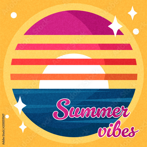 A summertime vibe card in 1970s aesthetics, retro style, with the geometric sunset and sea, composed in a circle. Vector graphic design element.