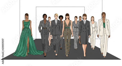 Fashionable people walking runway show.