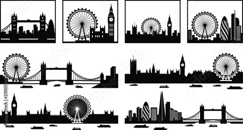 London skyline silhouette set with framed compositions featuring bridges ferris wheel historic buildings and modern architecture