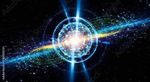 Abstract Atomic Structure with Glowing Energy Burst