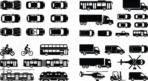 Transport vehicle silhouettes collection with cars buses trucks trains motorcycle bicycle helicopter and urban mobility icons set