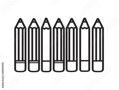 Six sharpened colored pencils standing in a row, flat design vector illustration