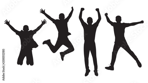 Silhouettes of energetic people jumping in the air expressing happiness, success, and celebration for motivational concepts