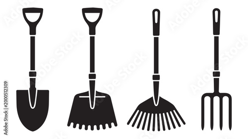 Professional silhouettes of garden hand tools, including a shovel, rake, and fork for landscaping and farming projects