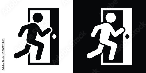 Vector icon of a person running through a door with a handle. Represents exit strategy, entering, leaving, or movement. High-quality, simple design for signage or digital interface usage.