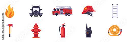 Set of fire safety and emergency rescue icons, firefighting equipment and protection tools, colorful collection with illustrations