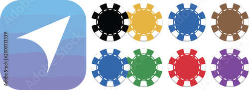 Casino Poker Chip Set with Mobile App Icon Design Featuring Gambling Tokens, Betting Symbols, and Online Gaming Interface Elements
