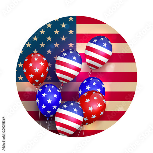 American Independence Day. A round, isolated sign with a set of balloons.