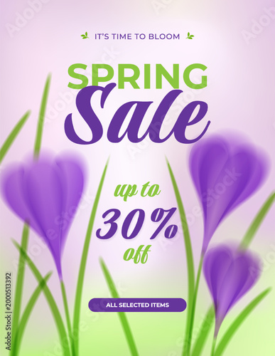 Vertical spring sale poster design with blooming flowers and 30 percent discount offer.