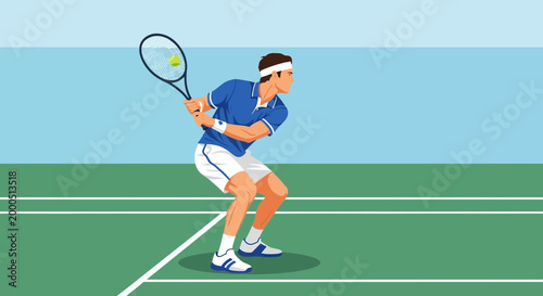 Tennis Player Swinging Racquet on Court, Ready to Serve or Return Ball
