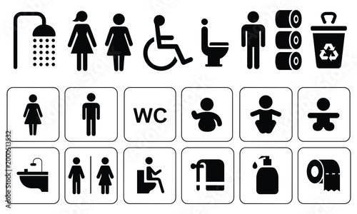 Public restroom accessibility icons set universal signage symbols