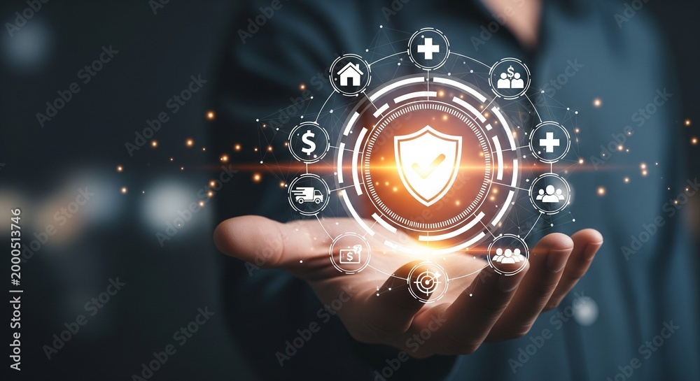 Fototapeta premium Digital shield icon with network of icons on a hand, concept of data security and protection