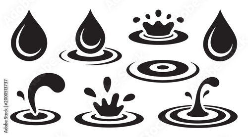 Black water splash icons set showing liquid droplets ripples and wave circles on background.