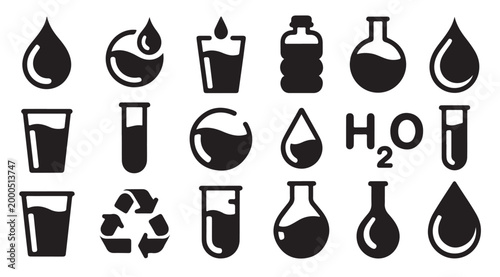 Set of isolated black flat icons featuring water drops laboratory glassware and test tubes.