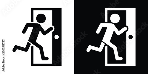 Vector icon of a person running through a door with a handle. Represents exit strategy, entering, leaving, or movement. High-quality, simple design for signage or digital interface usage.