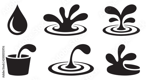 Water splash and ripple effect icons representing dynamic liquid movement.
