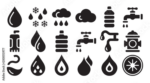 Water related icons like drops bottles taps clouds snow and fire hydrant.