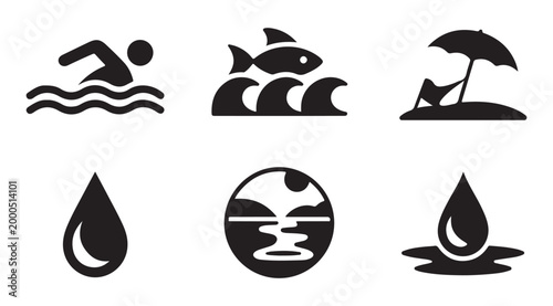 Swimming and beach leisure symbols with fish on waves tropical island sun and water drop.