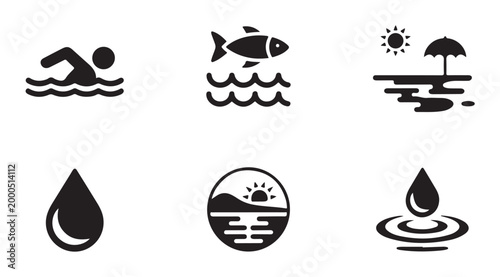 Simplified aquatic icons featuring swimmer fish ocean horizon and water droplet elements.