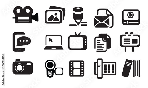 Thin line multimedia icons with editable strokes—featuring disk, sports, streaming, sound editing, animation, notes, video, controls, CD, and audio elements.