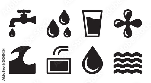 Industrial and domestic water usage icons with tap tank propellor ripples and glass cup.