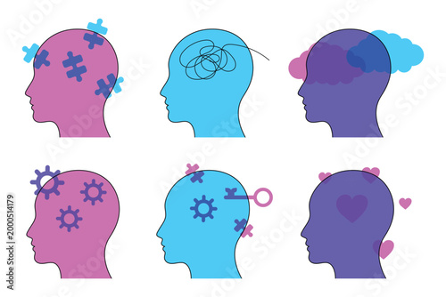 Mental health and psychology concept icons. Set of human profiles with brain symbols: puzzle, chaos, clouds, gears and hearts.
