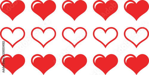 Collection of red heart shapes featuring solid glossy icons and thin outline symbols isolated on white background for Valentines Day wedding and romantic greeting card design.