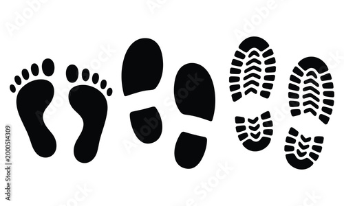 Footprints icons set human and shoe print silhouettes