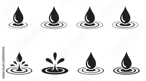Set of water drop icons with ripple effect and splash movement isolated on white surface.